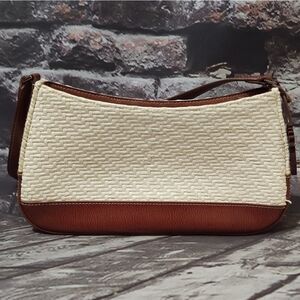 Cute Liz Claiborne Ivory PAPER Brown Faux Leather Handbag Purse Tropical Lining